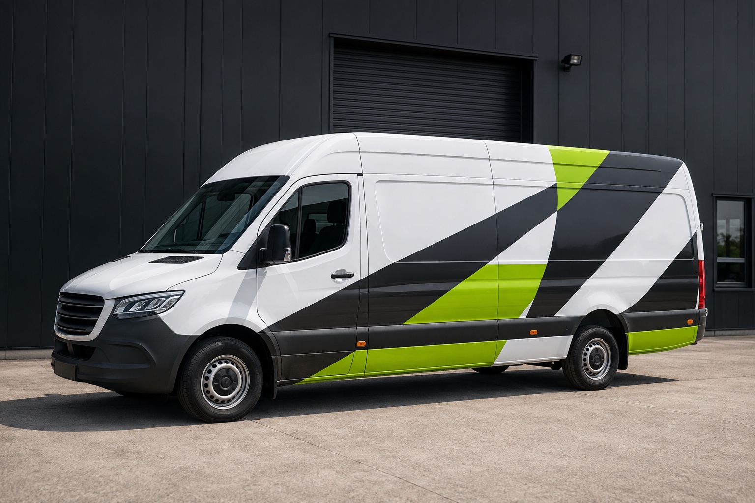 Illustrative charcoal and lime vehicle wrap on a white commercial van
